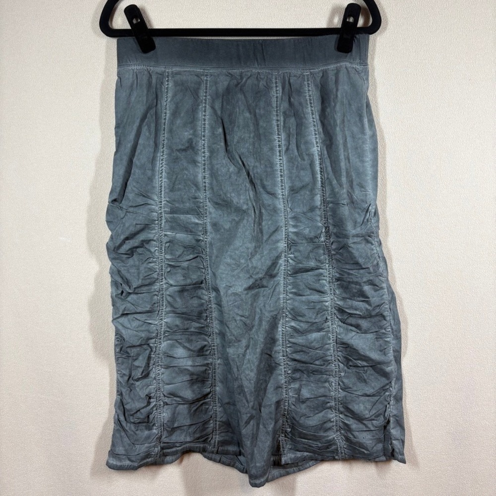 XCVI Womens Gored Peasant Ruched Pencil Midi Skirt Med Grey Lagenlook Boho Chic